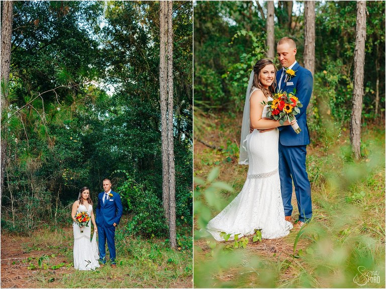 on left, bride and groom stand together in the woods at DIY Florida Barn Wedding, on right, groom looks lovingly down at new wife