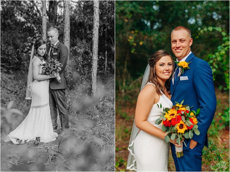 on left, bride & groom take quiet moment in woods at DIY Florida Barn Wedding, on right, bride & groom beaming as new husband and wife
