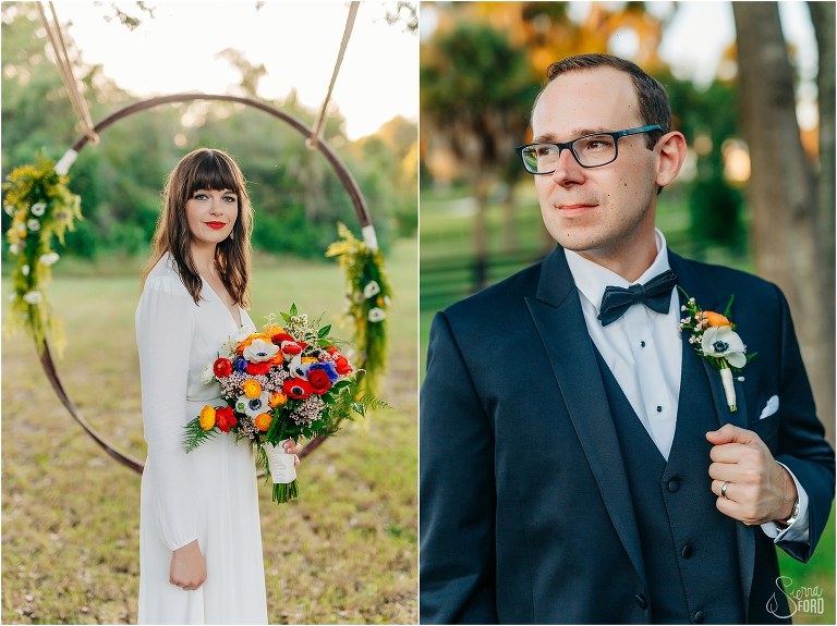 on left, bride looking like a model in Reformation wedding dress, on right, groom looking dapper at elegant backyard elopement