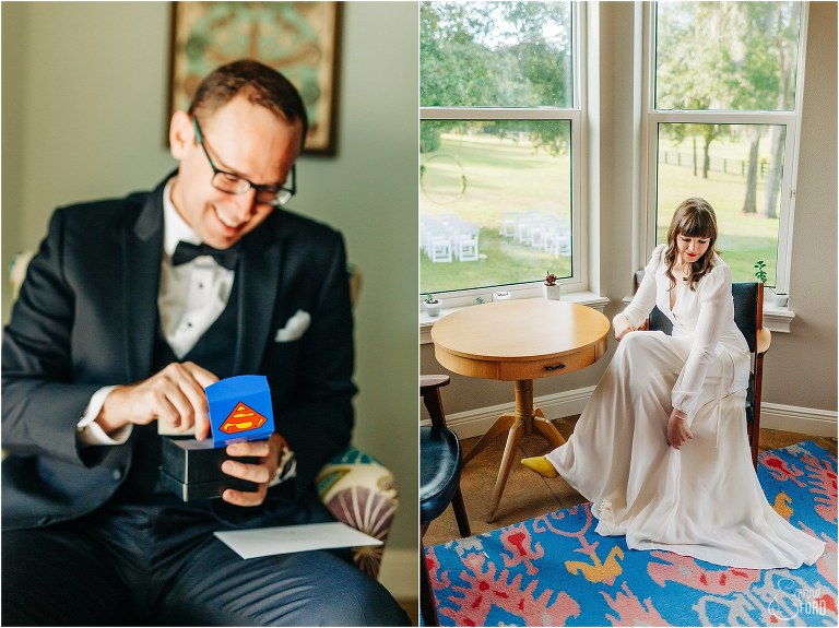 on left, groom opens Superman cuff link gift before elegant backyard elopement, on right, bride sits by bright window 