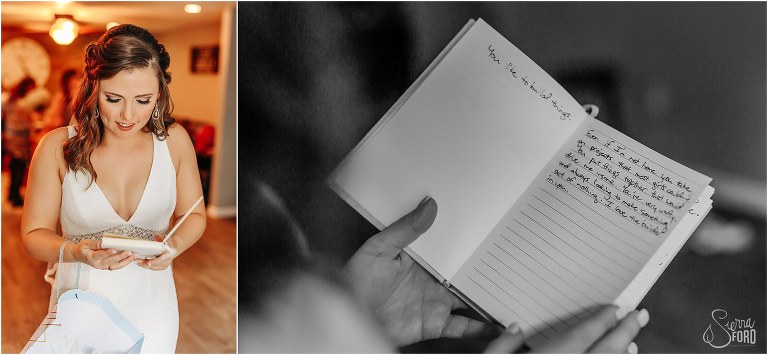 on left, bride reads handwritten journal of notes from groom before DIY Florida Barn Wedding, on right, closeup of groom's gift to bride