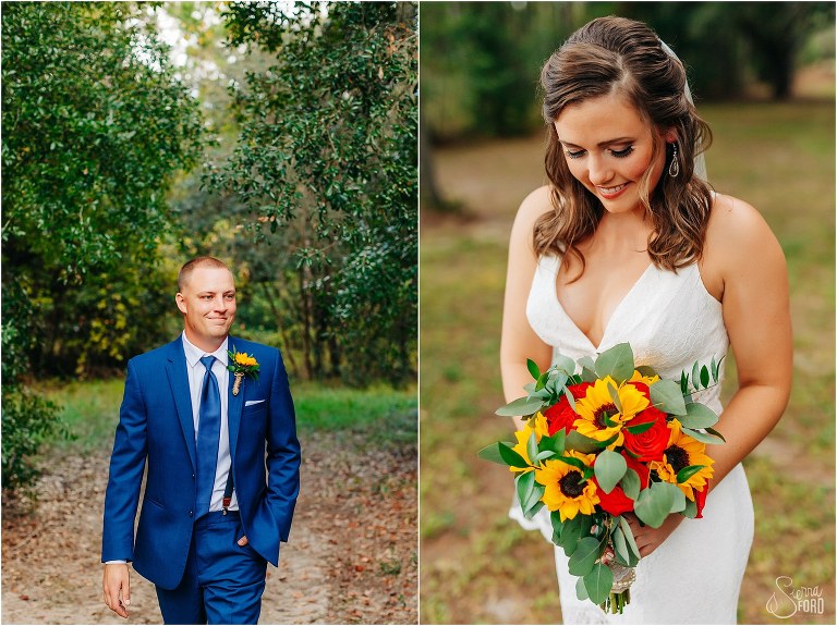 on left, groom walks through woods before DIY Florida Barn Wedding, on right, bride smiles as she looks at her sunflower and rose bridal bouquet
