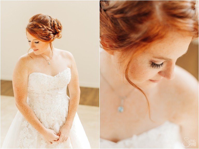 on left, bride takes quiet moment before Wildwood wedding, on right, bride looks over shoulder