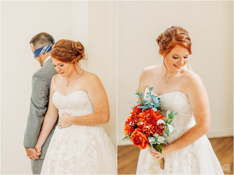 on left, bride & groom share emotional prayer before Wildwood wedding ceremony, on right, bride smiles as she holds orange bridal bouquet