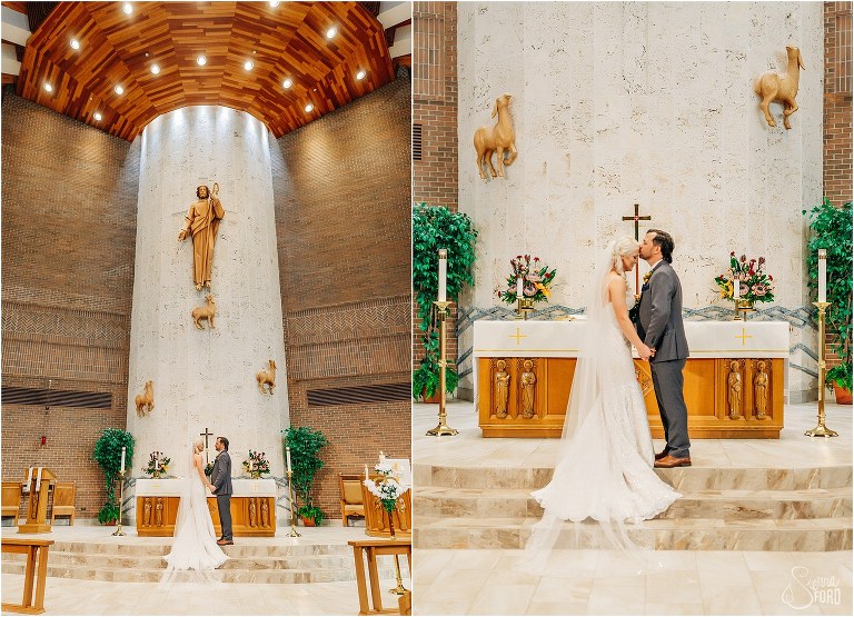 left, bride & groom hold hands on grand altar, right, groom kisses bride's forehead at Horsepower Ranch wedding