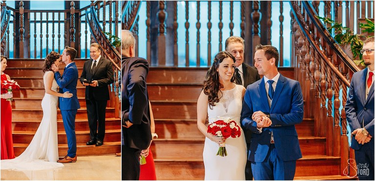 left, groom kisses bride's forehead at waterfront wedding ceremony, right, groom smiles at new wife as they walk back down aisle together