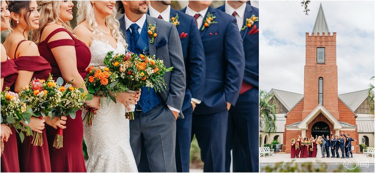 left, citrus theme bridal bouquets from Oviedo Florist, right, wedding party cheers as bride & groom kiss at Horsepower Ranch wedding