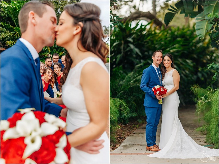 left, wedding party peeks through as bride & groom steal a kiss at waterfront wedding, right, bride & groom smile among the greenery at Tavares Pavilion