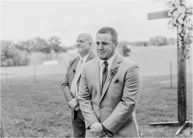 groom cries as he sees his bride for first time at Wildwood wedding