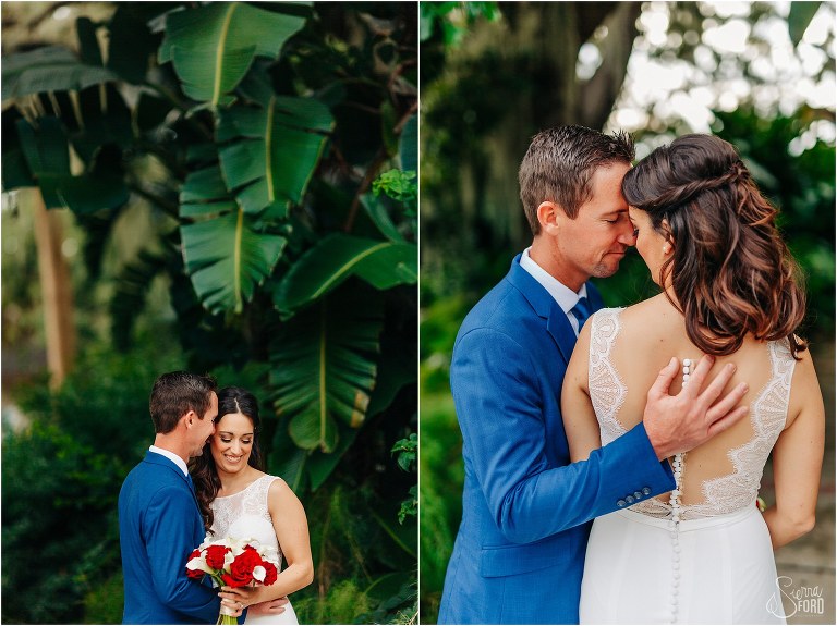 left, groom whispers in bride's ear at waterfront wedding, right, bride & groom nuzzle among the greenery at Wooten Park