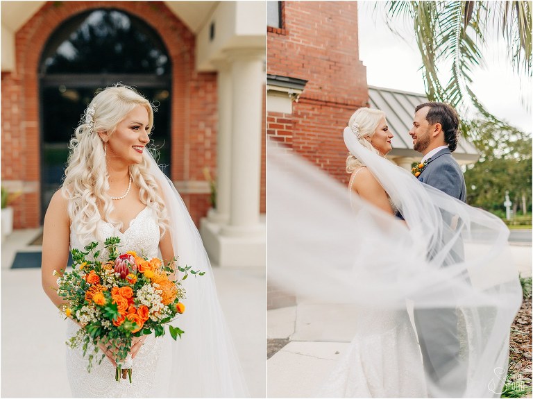 left, bride looks off smiling at Horsepower Ranch wedding, right, bride's veil blows in wind as bride & groom look lovingly at each other