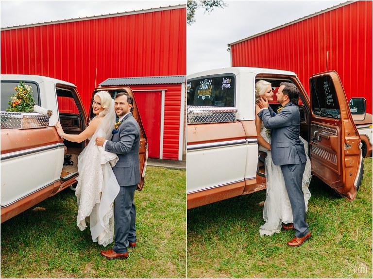 left, groom helps bride into 1978 F-250, right, groom strokes bride's cheek as she sits in truck at Horsepower Ranch wedding