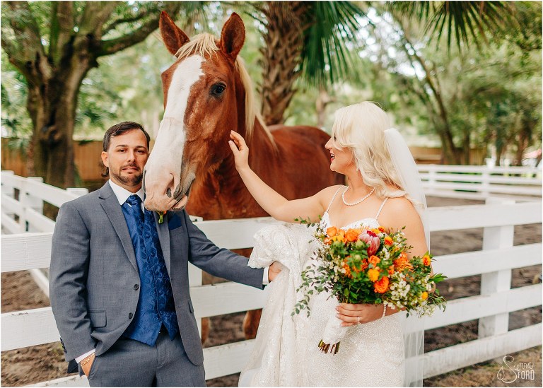 groom looks unsure as horse nibbles on boutonniere at Horsepower Ranch wedding 