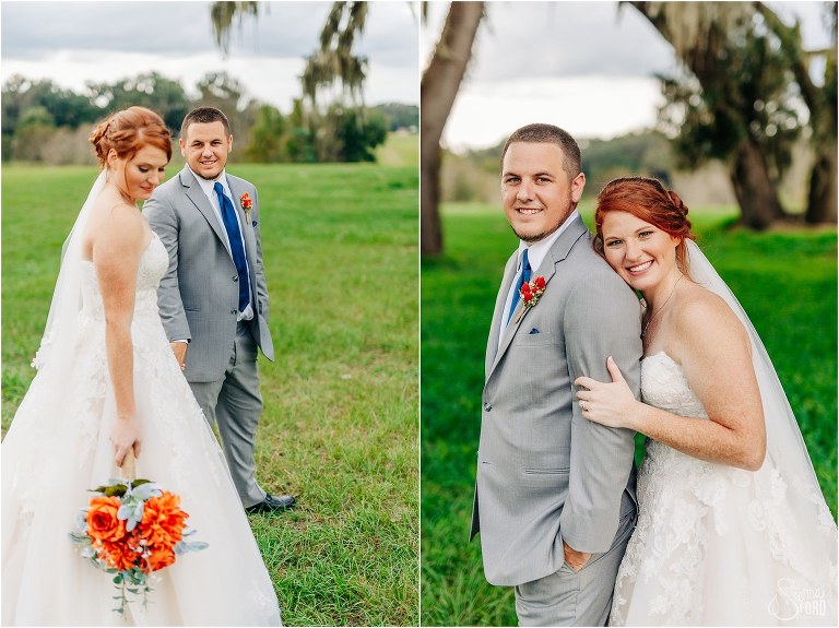 on left, groom smiles at bride as she looks at her bouquet, on right, bride rests on groom's shoulder at Wildwood wedding