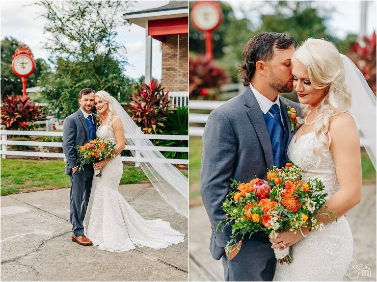 left, bride & groom smile in front of main house at Horsepower Ranch wedding, right, groom nuzzles bride