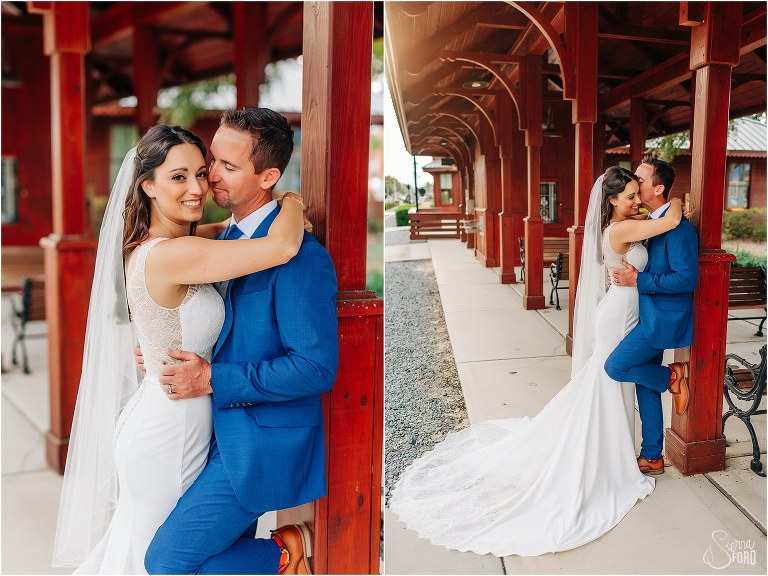 left, bride looks up as groom looks lovingly at her, right, groom kisses bride's cheek in Tavares train station at waterfront wedding