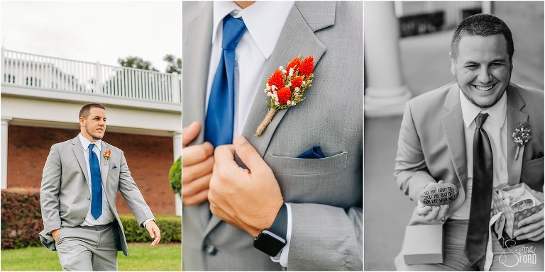left, groom walks around Wildwood Community Center, center, orange boutonnieres with blue tie, on right, groom giggles as he unwraps gift from bride before Wildwood wedding 