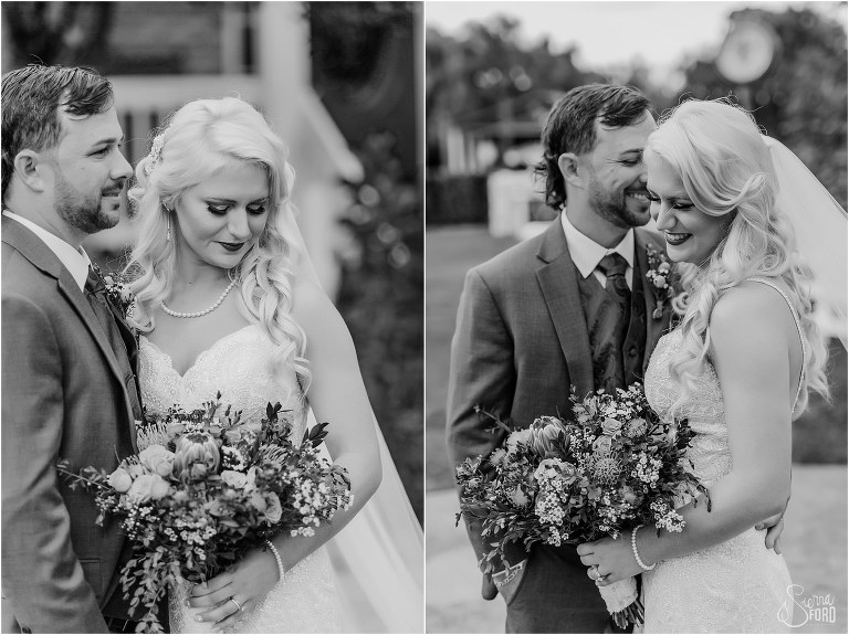 left, bride looks down at bouquet, right, bride & groom laugh at Horsepower Ranch wedding