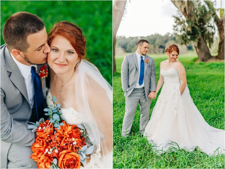 on left, bride looks up at camera as groom kisses her cheek at Wildwood wedding, on right, bride shows off pockets in dress