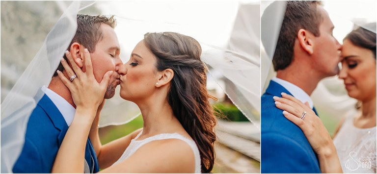 left, bride grabs groom to kiss him under veil, right, showing off engagement ring at waterfront wedding