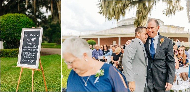on left, unplugged ceremony sign at Wildwood wedding, on right, groom hugs father before he takes his place at altar
