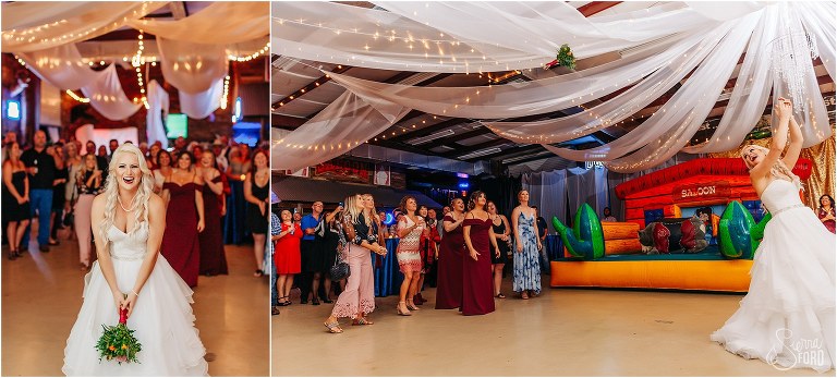 left, bride giggles as she fakes out single ladies, right, bride throws bouquet at Horsepower Ranch wedding