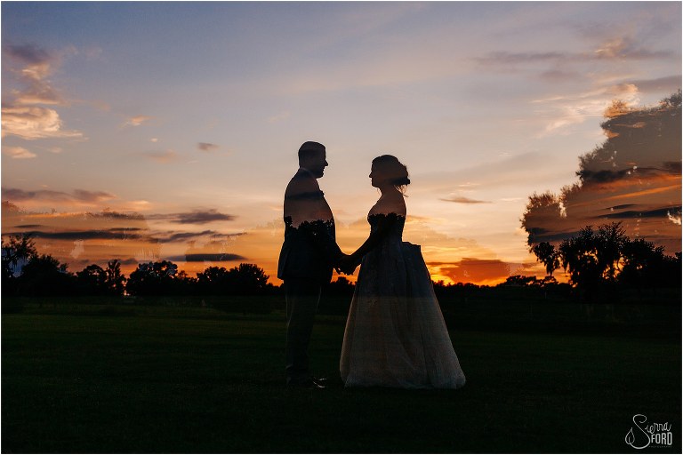 double exposure of bride & groom silhouetted at sunset during Wildwood wedding