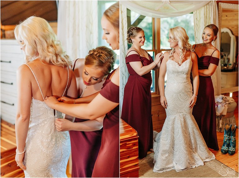 bridesmaids help bride get into wedding gown before Horsepower Ranch wedding