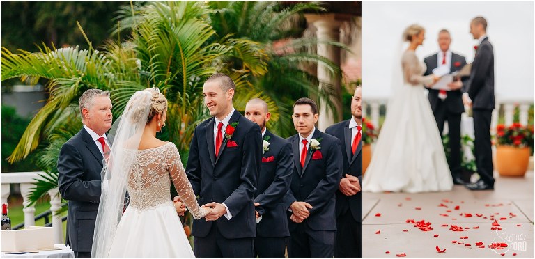 left, groom smiles at bride during Mission Inn Resort wedding ceremony, right, red rose petals on ground surround couple