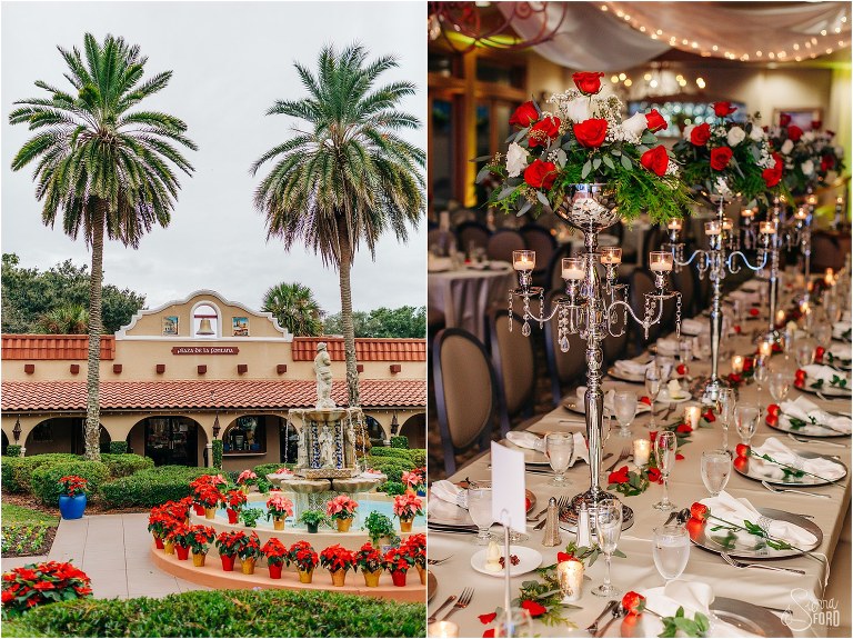 left, Mission Inn Resort wedding courtyard with poinsettias on fountain, right, tall candelabras with red & white roses for centerpieces  
