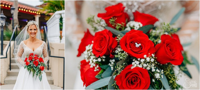 left, bride beaming after Mission Inn Resort wedding ceremony, right, red rose bridal bouquet with Mickey Mouse details