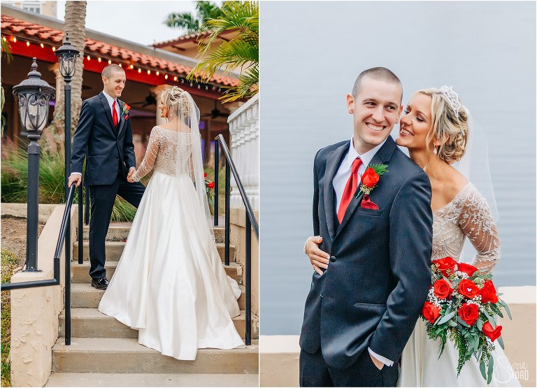 left, bride & groom hold hands on staircase at Mission Inn Resort wedding, right, groom laughs as bride whispers in his ear