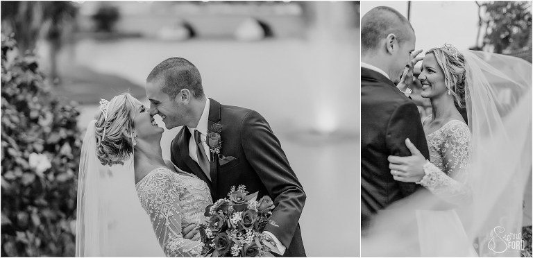 left, bride & groom giggle as he dips her, right, groom gently brushes bride's hair from her face at Mission Inn Resort wedding