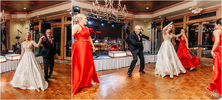 left, father leads bride onto dance floor, right, bridesmaids join bride & her father in surprise dance at Mission Inn Resort wedding
