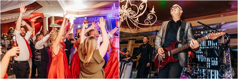 left, guests throw their hands up on dance floor at Mission Inn Resort wedding reception, right, guitarist from NoFilter Band shreds