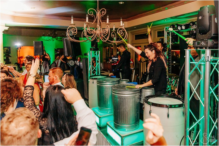 NoFilter Band performing stomp section on trashcans at Mission Inn Resort wedding reception