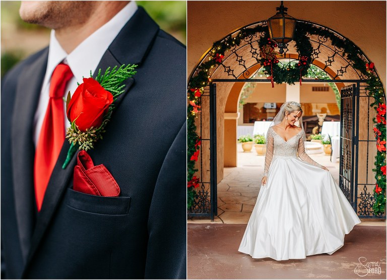 left, red rose boutonniere on groom's suit, right, bride twirls under archway at Mission Inn Resort wedding 