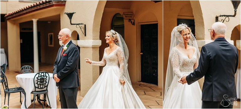 bride beams as her father sees her for first time in courtyard before Mission Inn Resort wedding