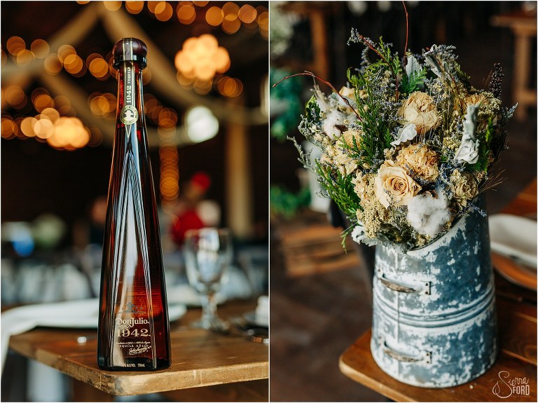 left, Don Julio 1942 tequila at Ever After Farms wedding, right, dried bridal bouquet in metal can