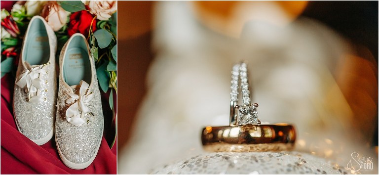 left, sequins Keds bridal shoes, right, engagement ring rests on groom's gold wedding band at lakefront wedding