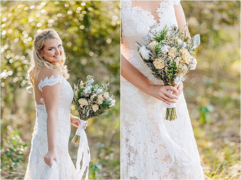left, bride twirls in the grass before Ever After Farms wedding, right, bride holds dried rose bridal bouquet