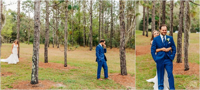 left, groom covers eyes before seeing bride for first time, right, groom smiles as bride hugs him from behind before lakefront wedding