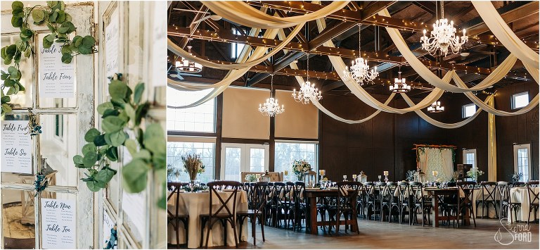 left, vintage doors with greenery accents for table assignments, right, reception room with farmhouse tables at Ever After Farms wedding