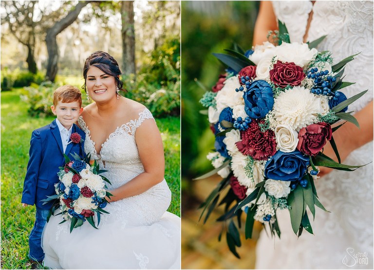 left, bride smiles with her son before Isola Farms wedding, right, custom white, navy, and maroon wooden flowers