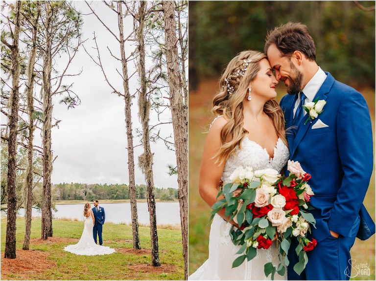 left, bride and groom stand between rows of pine trees at lakefront wedding, right, bride and groom smile forehead and forehead