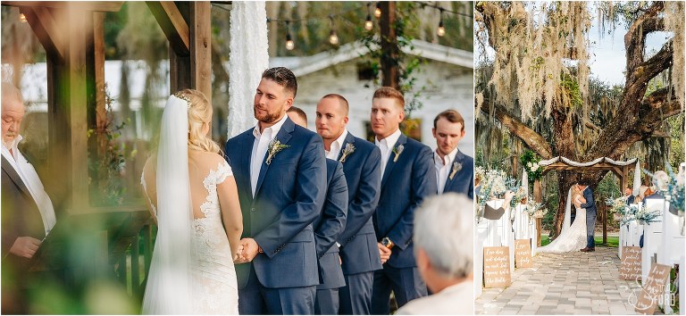 left, groom looks adoringly at bride during Ever After Farms wedding, right, first kiss as husband and wife