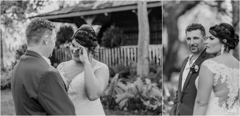 left, bride wipes away tear from seeing soon to be husband before Isola Farms wedding, right, groom looks lovingly at bride