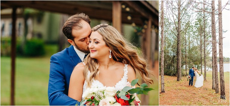 left, groom wraps bride in his arms and kisses cheek, right, bride and groom kiss between the pine trees at lakefront wedding