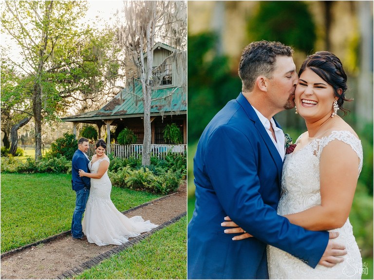 left, bride and groom snuggle up in front of farmhouse, right, groom kisses bride's cheek as she giggles before Isola Farms wedding