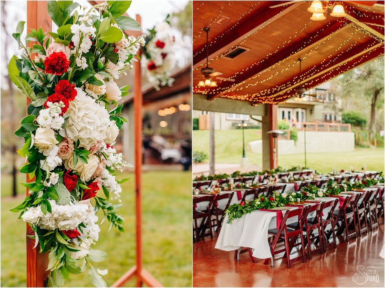 left, white, red, and green floral accents adorn ceremony arch, right, twinkle lights over reception farmhouse tables for lakefront wedding reception